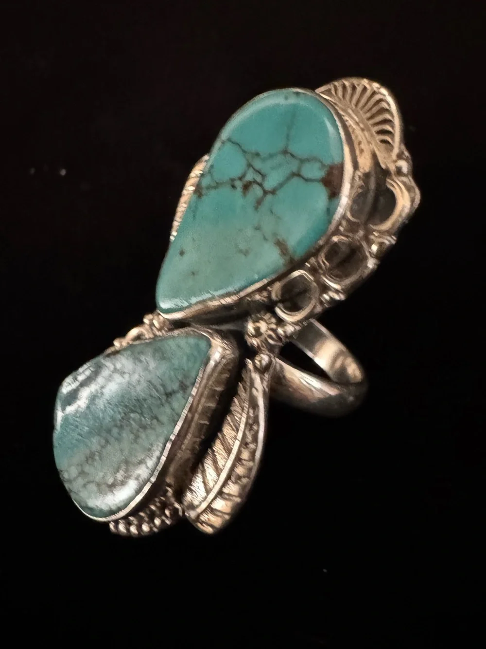 Genuine kingman Turquoise Double Teardrop Statement Ring -‎ sterling Silver